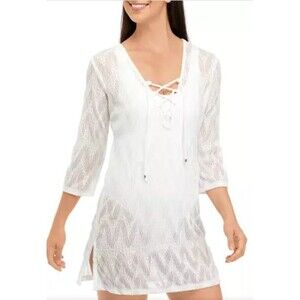 J. Valdi Women's Large Lace up Shirt Swim Cover Up White Striped Chenille Blend